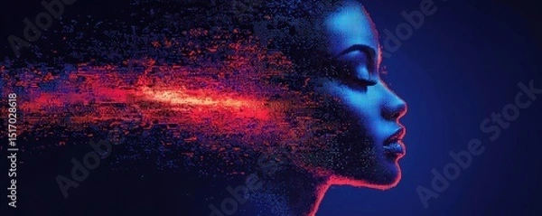 Fototapeta Abstract profile of a human face created with vibrant pixelated digital patterns