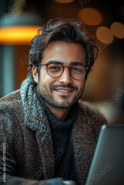 Fototapeta A cheerful gentleman in casual attire smiling indoors with modern decor