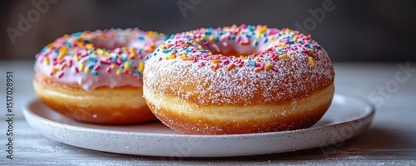 Fototapeta Two colorful doughnuts on a white plate in natural light