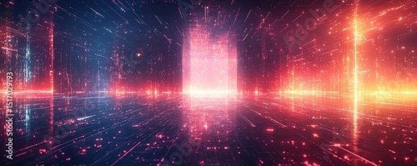 Fototapeta Colorful digital corridor with glowing grid and futuristic lighting effects
