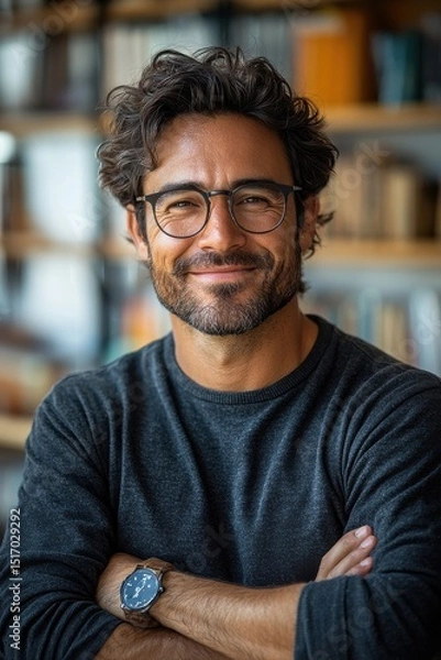 Fototapeta Smiling professional man with glasses in a library setting