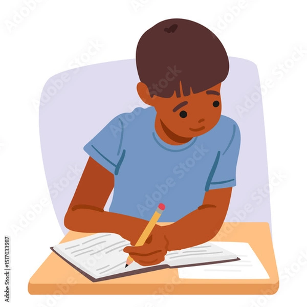 Obraz Clever schoolboy child cartoon character peeking at cheat sheets in class during examination process