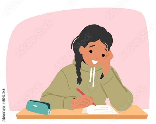 Obraz Preteen girl student cartoon character studying writing exam using cheat sheets in class scene