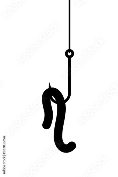 Obraz Fishing hook with worm icon. Black silhouette. Front side view. Vector simple flat graphic illustration. Isolated object on white background. Isolate.