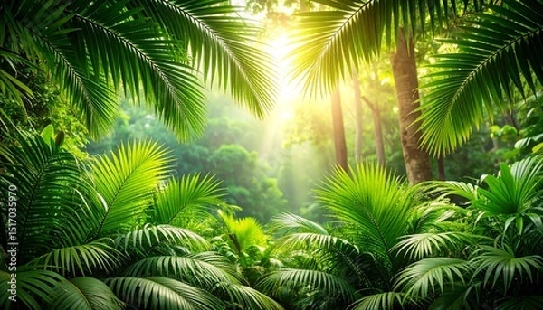 Fototapeta みずみずしい緑の葉が重なり合い、木漏れ日が優しく降り注ぐトロピカルジャングルの生き生きとした風景