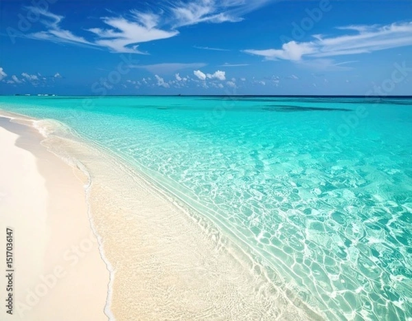 Obraz Tranquil turquoise water laps a pristine beach under a vibrant blue sky
