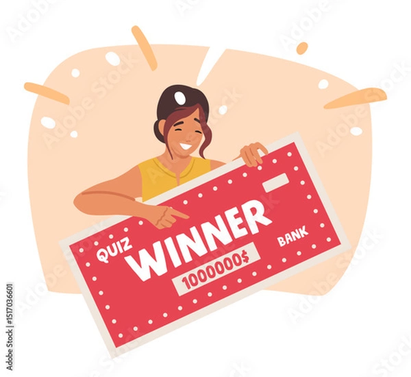Obraz Happy smiling woman cartoon character quiz game winner holding voucher with cash prize award
