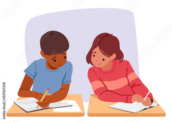 Obraz Boy and girl students classmates using cheat sheets in class during examination cartoon scene