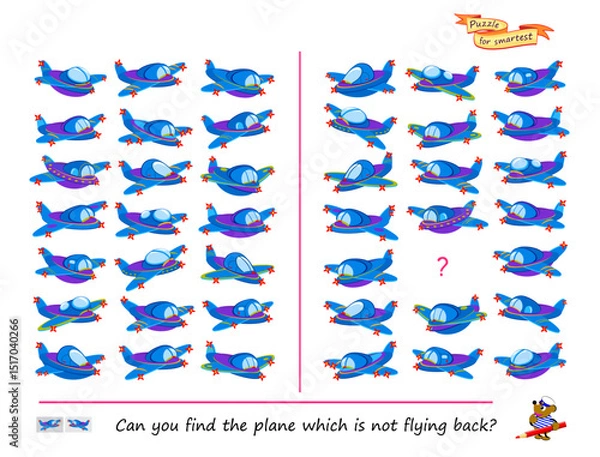 Fototapeta Can you find the plane which is not flying back? Logic puzzle for smartest. Educational game for children. Page for kids brain teaser book. Task for attentiveness. IQ test. Flat vector illustration.