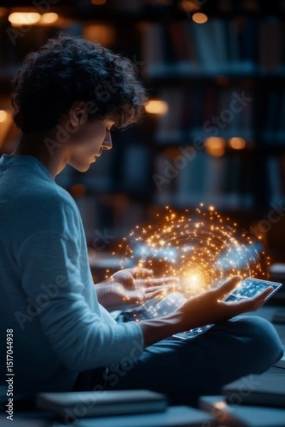 Fototapeta Young scholar engages with floating holographic knowledge streams, deep in immersive study. Glowing data swirls, symbolizing futuristic learning, AI-driven intelligence.