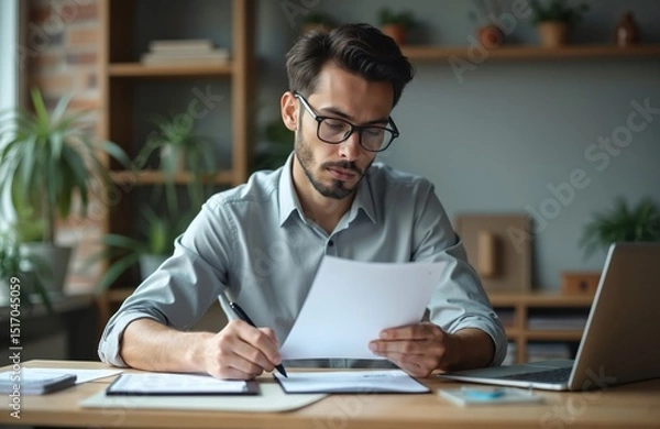 Fototapeta Focused young man works office desk. Accountant, analyst, financier reviews documents, uses laptop. Pro financial expert calculates budget, checks reports, analyzes business growth. Business,