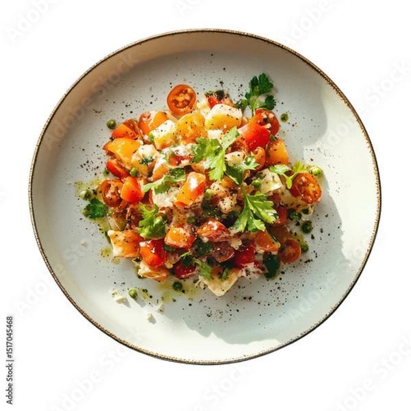 Obraz Fresh tomato and ricotta salata salad with parsley on artisanal plate