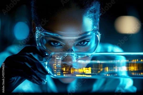 Fototapeta  Afro-American woman scientist analyzes AI models, technology enhances medical accuracy, reflections shimmer, woman scientist utilizes technology, medical AI solutions.