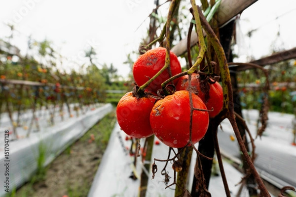 Obraz Overripe tomatoes left unharvested in an outdoor tomato plantation with poor plant health.