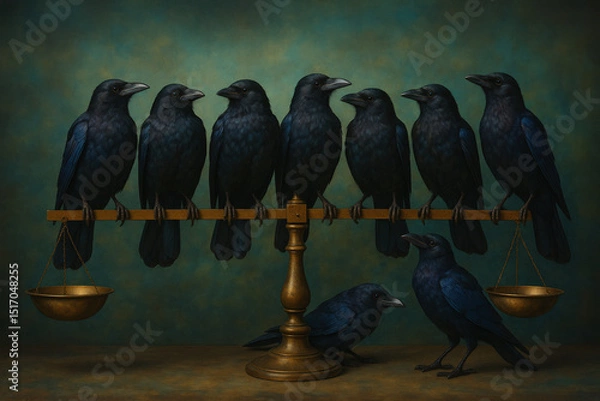 Obraz Nine crows. Seven are perched on a wooden scale with brass bowls. Two more await at the side of the scale. Ominous foretelling.