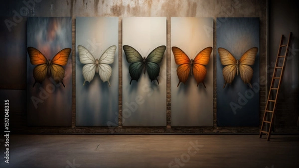 Obraz A surreal image of an art installation with large butterflies on wooden panels, each showcasing a unique species.
