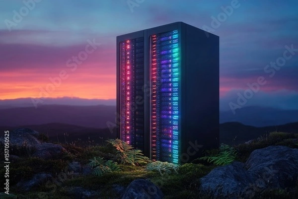 Fototapeta Illuminated data server stands majestically against a vibrant sunset mountain backdrop, merging technology with the natural world.