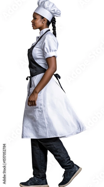 Obraz African woman chef walks, profile view, wearing uniform, cut out transparent