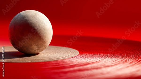 Obraz Close-up of rough-textured shot put ball on a stylized concentric red background, ideal for athletics campaigns, sports graphics, and strength training concepts