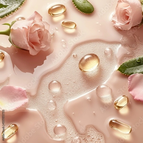 Obraz Floral Essence And Golden Capsules On A Pink Surface