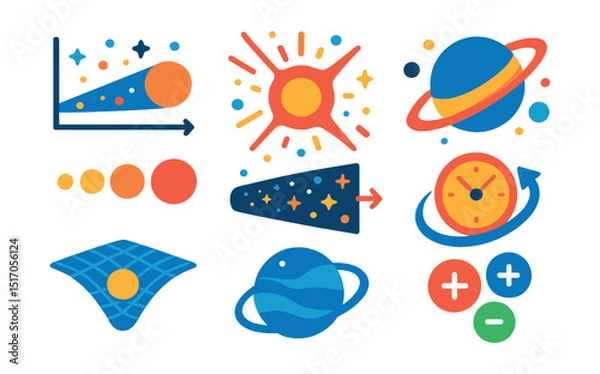Fototapeta Flat vector icons of cosmic time and evolution: cosmic timeline, big bang icon, stellar evolution stages, planet formation, expanding universe, time dilation, spacetime grid, early universe particles