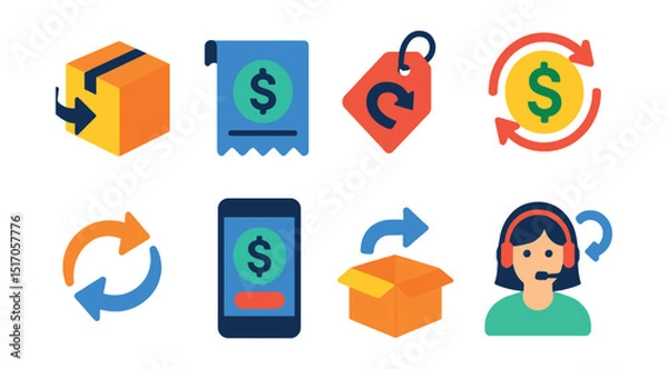 Fototapeta Flat vector icons of returns and refunds: return box, refund receipt, return label, money back icon, exchange arrows, refund app, restocking symbol, customer support for returns.