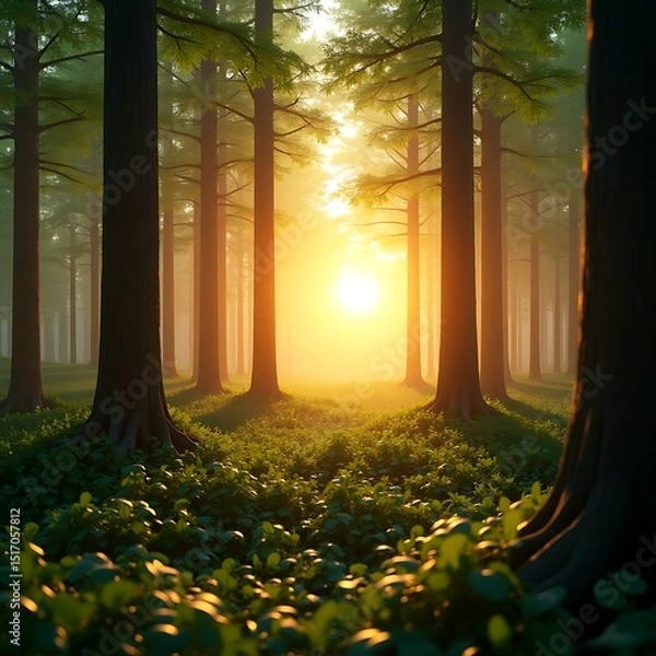 Fototapeta Sunrise in forest, tranquil green forest bathed in golden hour light, tall trees casting long shadows toward the right side, sun low on the left horizon, beams of sunlight streaking through branches.