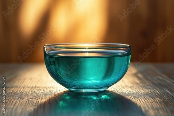 Fototapeta A clear bowl filled with turquoise liquid sits on a wooden surface, bathed in warm sunlight.