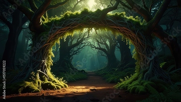Fototapeta Twisted Ancient Tree Archway Surrounded by Dark Magical Forest Background