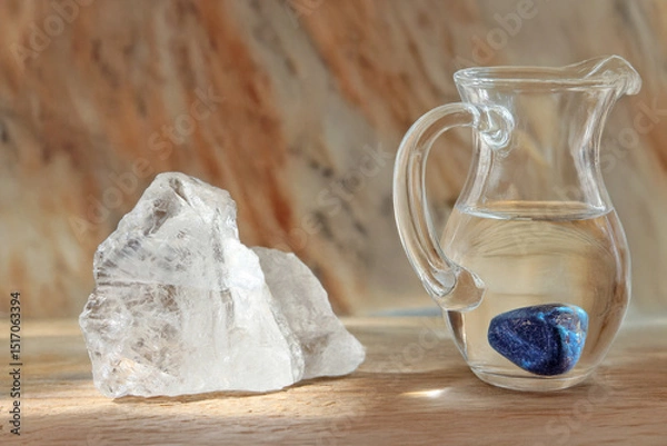 Fototapeta Macro raw crystal mineral stone and turquoise. Photo of clear healing crystal and blue turquoise in a clear jug ​​with healing water on a wooden table with marble background.