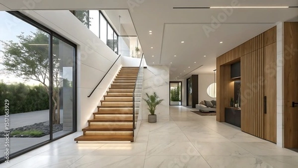Fototapeta Interior of a modern house with staircase and large window to outdoors