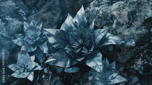 Fototapeta A glowing alien-fungi-inspired biotech origami gown, worn by a Swedish model, fuses microscopic parametric forms with navy, teal, and white hues, creating a complex, luminous fashion mutation...