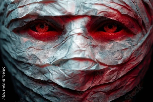 Fototapeta Close-up of a face wrapped in textured fabric, eerie red eyes glowing in the dimly lit scene. A mysterious and haunting image.