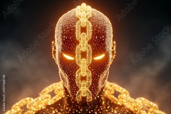 Fototapeta A digital rendering of a human-like figure, constructed of glowing network lines and bound by a luminous chain. The image evokes themes of confinement and digital entanglement.