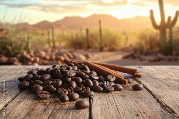 Fototapeta A rustic scene of coffee beans and cinnamon sticks on a wooden surface against a desert backdrop.