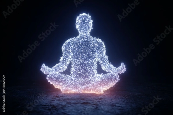 Fototapeta Glowing figure in a meditative pose, radiating calmness and inner peace.  A mesmerizing visual representation of serenity and mindfulness.