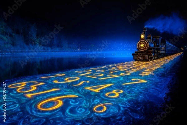 Fototapeta A vintage steam train magically glides across a dark lake at night, leaving a trail of glowing numbers in its wake.  A captivating display of light and steam.