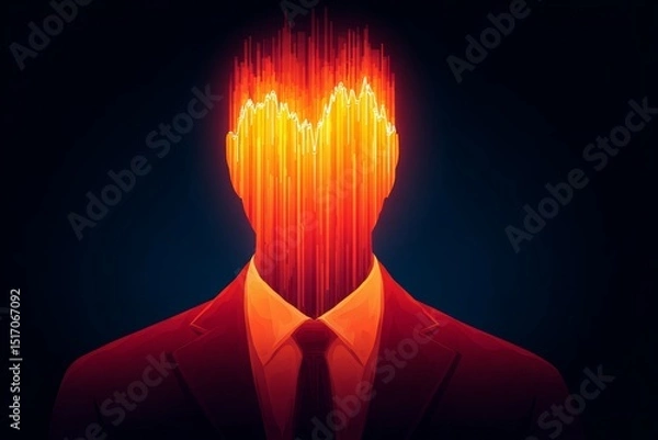 Fototapeta Abstract portrait of a man in a suit, his head replaced by a fiery data stream.  Intense energy and information overload.