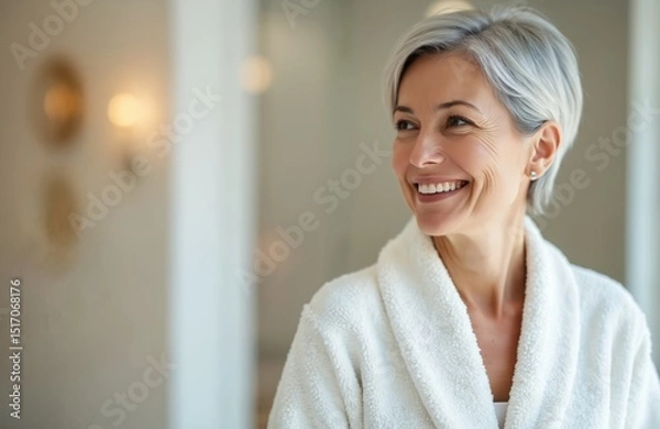Obraz Happy, smiling, gorgeous middle aged woman in white bathrobe at spa salon. Advertisement of bodycare spa procedures, anti-age recreation treatment concept. Enjoying leisure, self-care, relaxation.