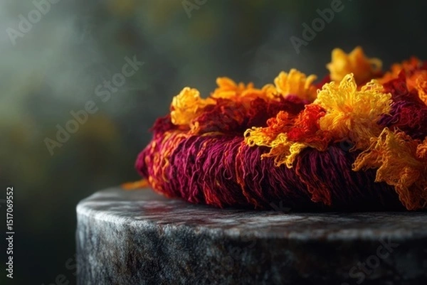 Fototapeta A vibrant and textured wreath of red and yellow yarn flowers rests on a weathered stone surface, evoking autumnal warmth.