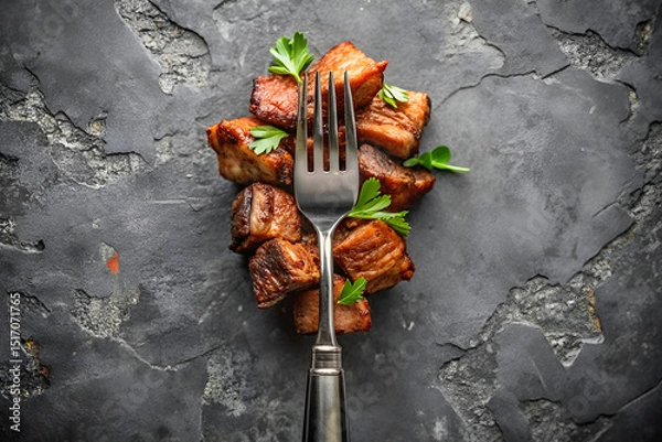 Fototapeta Crispy Pork Belly Bites with Herbs and Fork