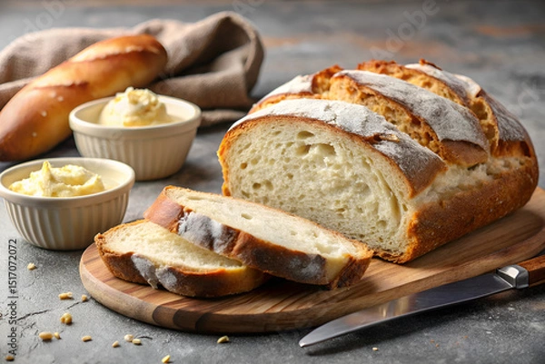 Fototapeta Sliced Bread with Butter on a Wooden Board