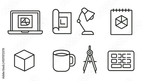 Fototapeta Office essentials linear icon set. workplace tools and productivity symbols