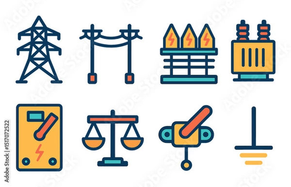 Fototapeta Electricity and power flat icon set. energy and utility symbols for design projects