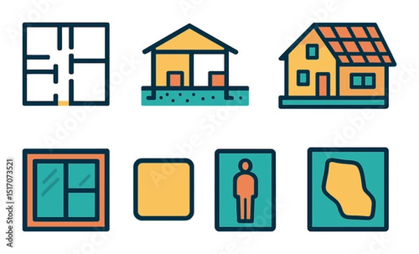 Fototapeta Home design icon set: flat style housing, construction, and architecture symbols
