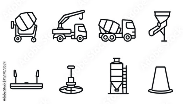 Fototapeta Construction equipment icon set: linear tools and machinery symbols for building design