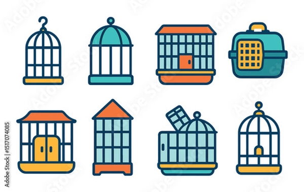 Fototapeta Birdcage and pet carrier icon set in flat style for pets and animal care visuals
