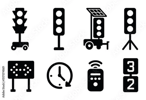Fototapeta Traffic and road safety silhouette icon set. transportation and warning symbols
