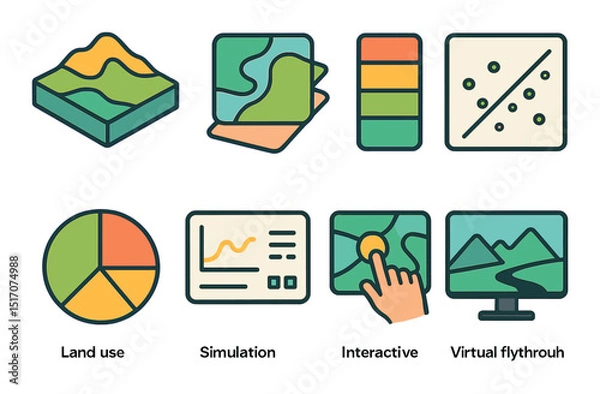 Fototapeta Geographic analysis icon set in flat style. land use and data visualization symbols