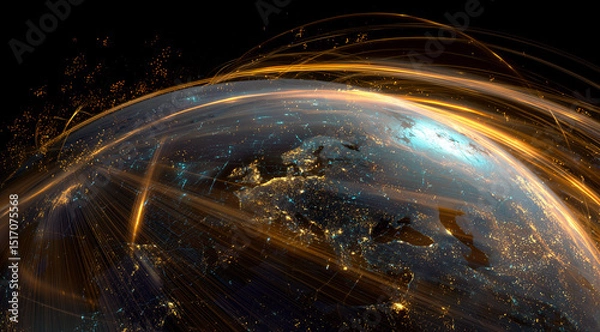 Fototapeta a stylized globe with glowing MSME clusters lighting up across developing regions, beams of light connecting continents, painterly Arcane animation, global energy and potential rising